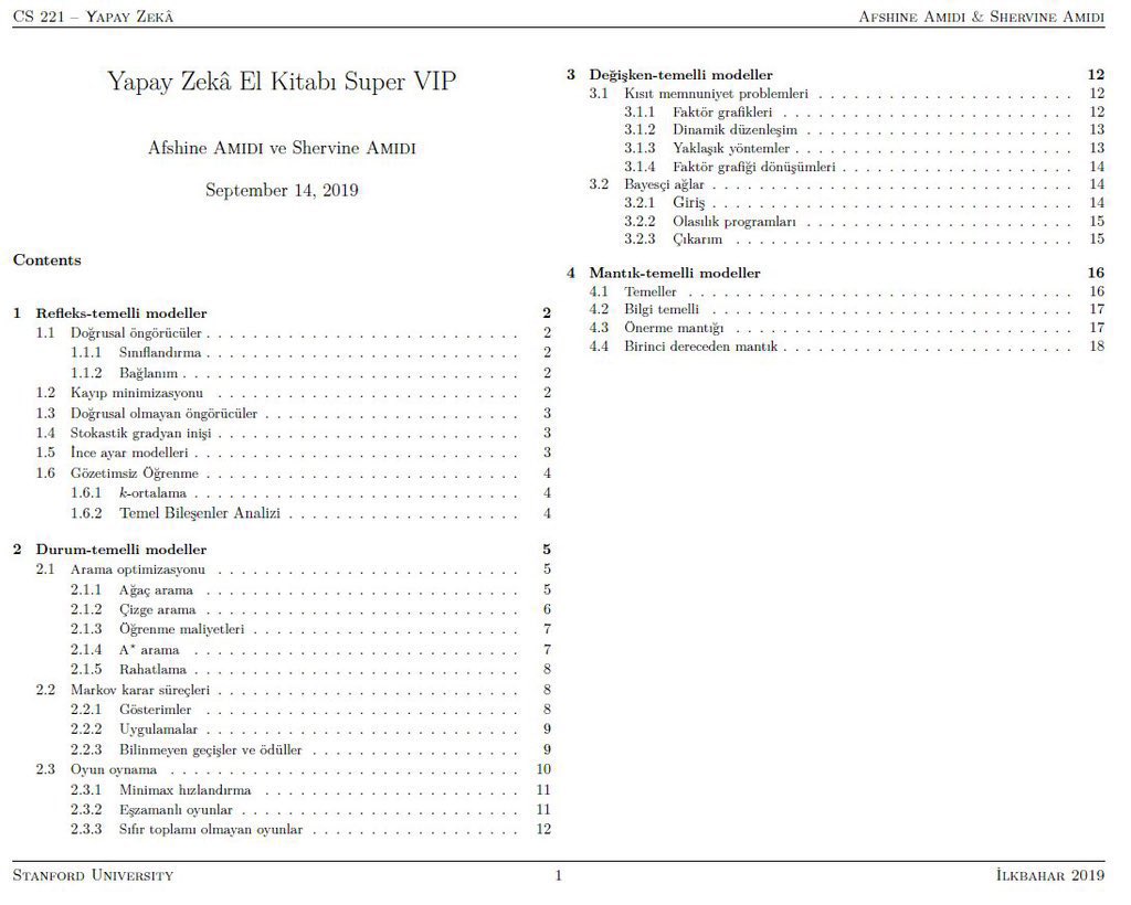 Veri biliminde anladığım kadarıyla ciddi bir Türkçe kaynak talebi var. 
Bu müthiş işi yeniden paylaşayım o zaman👇
Stanford Üniversitesi'nin Makine Öğrenmesi, Derin Öğrenme ve Yapay Zeka ders notlarından oluşturulmuş Türkçe cheatsheet'ler.

CS 229 - Makine Öğrenmesi
🔗
