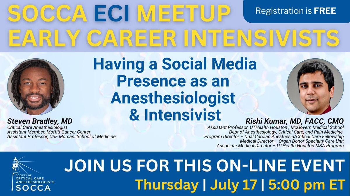ONE MONTH AWAY: Join colleagues next month, on July 17th, for the next SOCCA  Early Career Intensivist Meetup. Hear about having a social media presence as an Anesthesiologist &amp; Intensivist from Drs Bradley &amp; Kumar at 5pm ET, Thursday, July 17th: buff.ly/r74KjH0