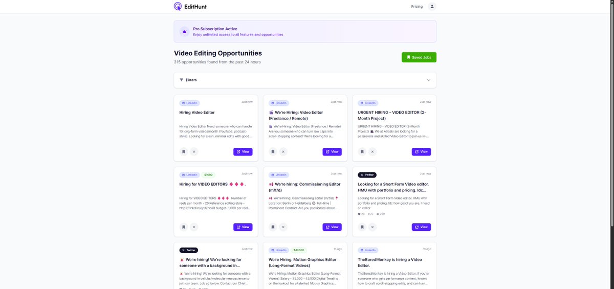 I spent months waiting. Waiting for gigs on upwork, refreshing job boards, you know the drill.

But the clients never came. 

So I built a tool to find every video editing job from X, reddit and more in one place.

Now, instead of waiting, I’m working.