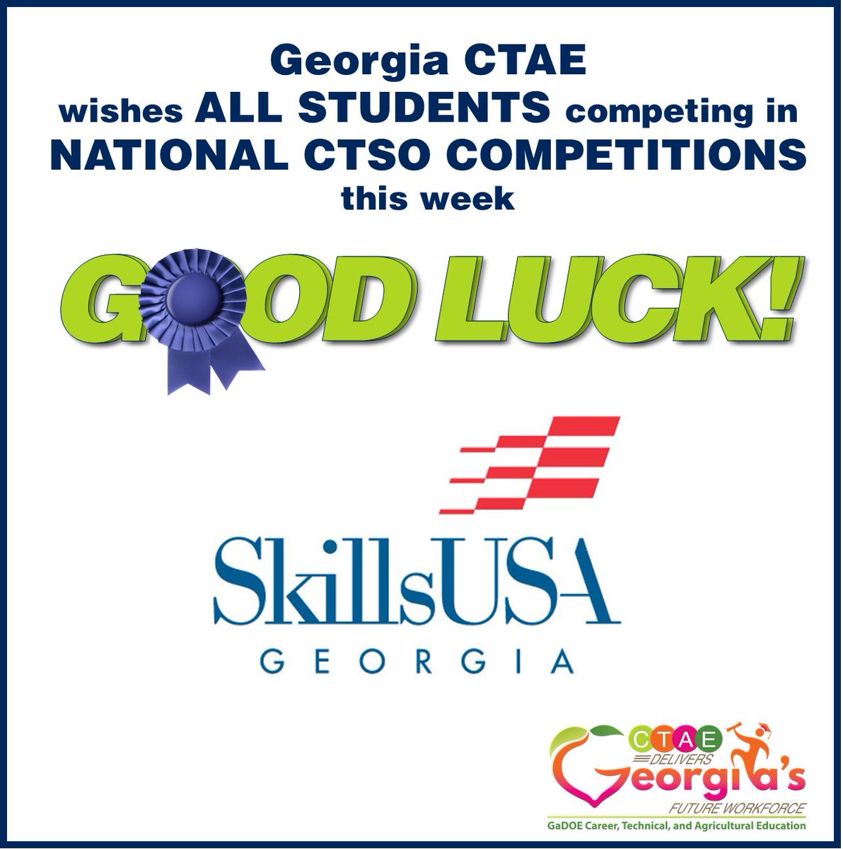 📣 Georgia CTAE is cheering on all our incredible students competing in NATIONAL CTSO COMPETITIONS this week! 💪🌟
A special shoutout to SkillsUSA Georgia – go show the nation what you're made of! 🏅
GOOD LUCK! 💙💚 #CTAEDelivers #CTSOproud #StudentSuccess #FutureWorkforce