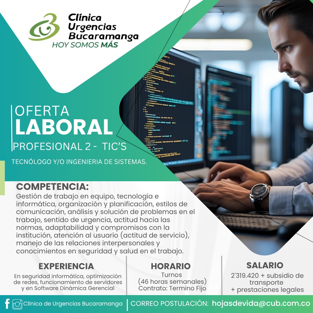 CLINICADEURGEN1's tweet photo. ¿Quieres ser parte de la Clínica de Urgencias Bucaramanga?
Estamos buscando Tecnólogo y/o ingenieria de sistemas y Auxiliar de Farmacia
preferiblemente con dos años de experiencia.
Envíanos tu hoja de vida al correo hojasdevida@cub.com.co
https://t.co/52sJ8gBwzb https://t.co/3KmY2A7dBr