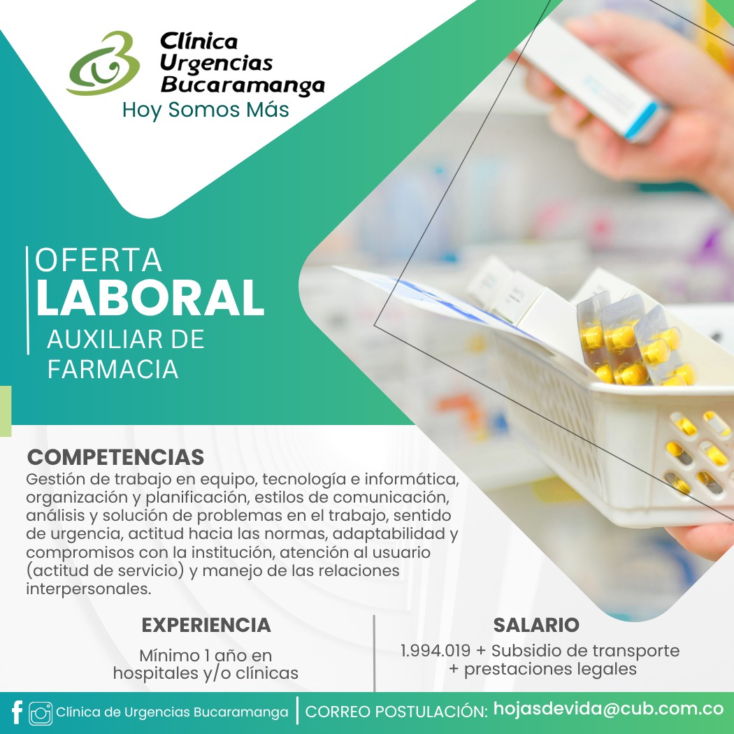 CLINICADEURGEN1's tweet photo. ¿Quieres ser parte de la Clínica de Urgencias Bucaramanga?
Estamos buscando Tecnólogo y/o ingenieria de sistemas y Auxiliar de Farmacia
preferiblemente con dos años de experiencia.
Envíanos tu hoja de vida al correo hojasdevida@cub.com.co
https://t.co/52sJ8gBwzb https://t.co/3KmY2A7dBr