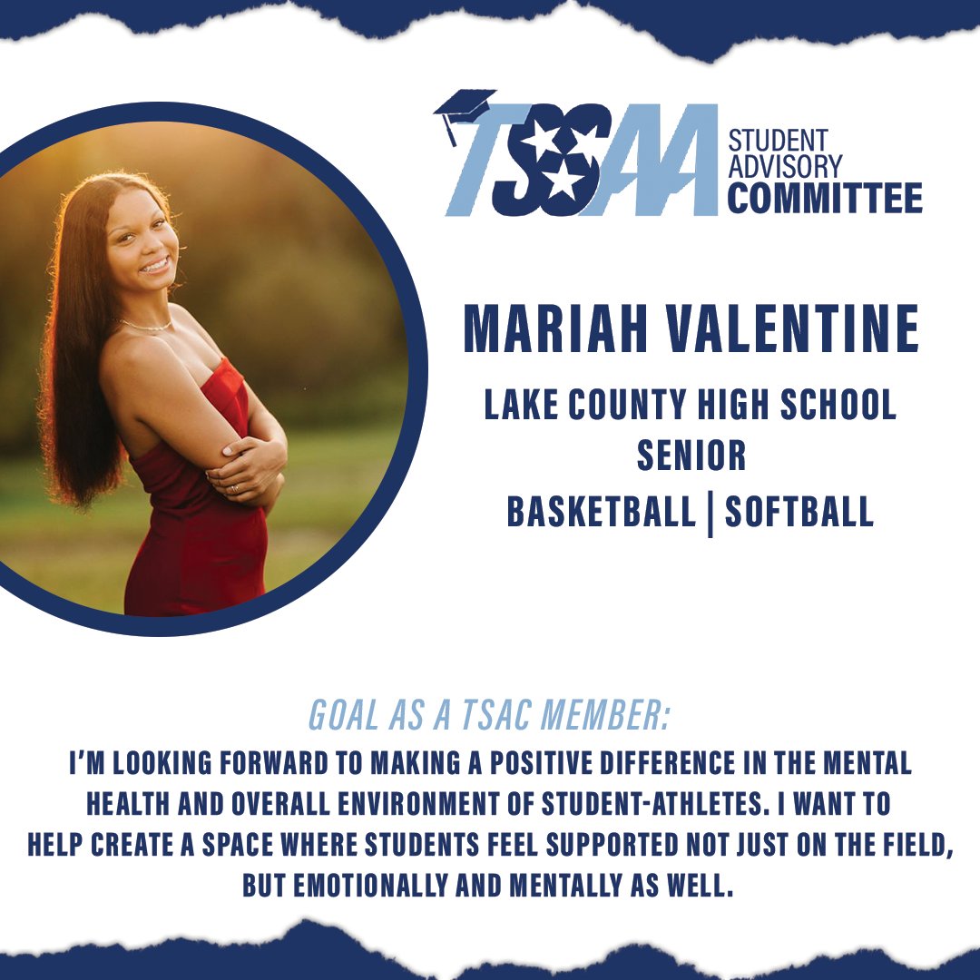 TSSAA's tweet image. 📚TSAC Member Spotlight📚
Meet Mariah Valentine! A Lake County High School student-athlete serving on this year's Student Advisory Committee!