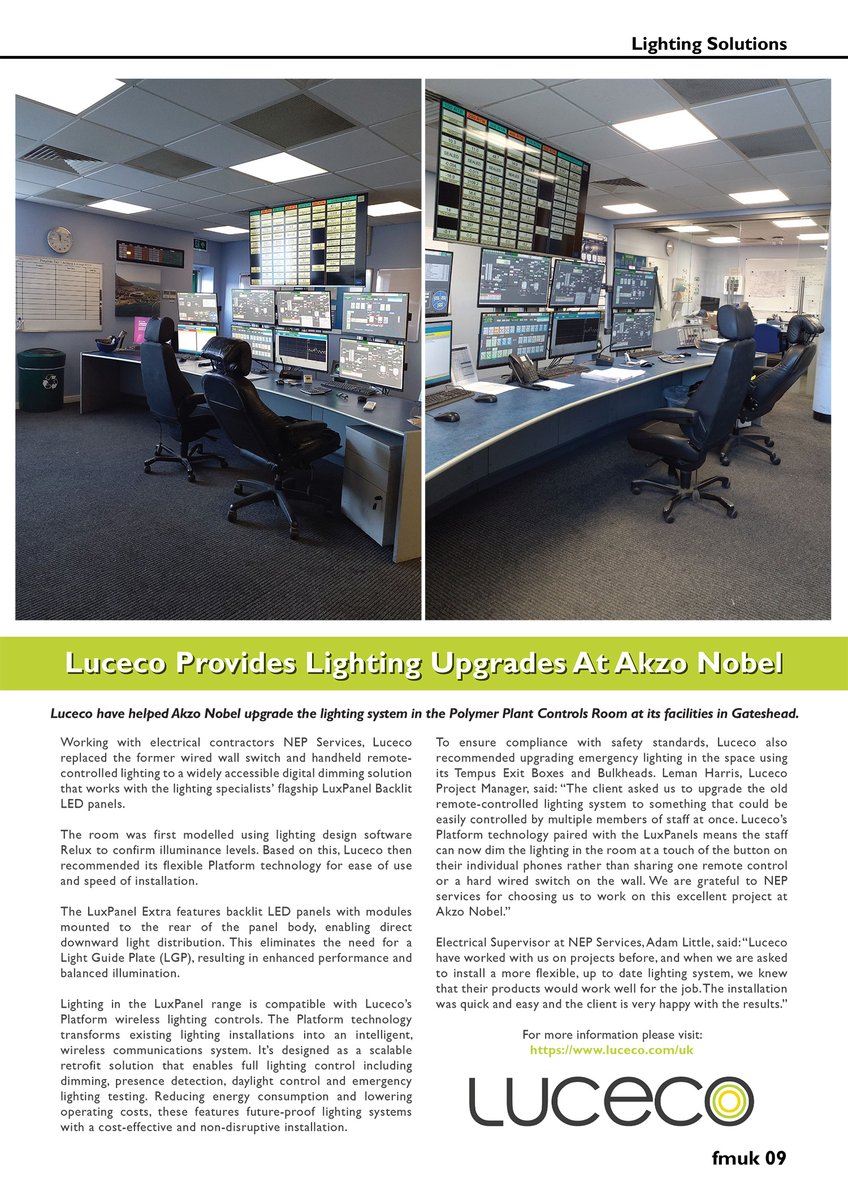 Latest Issue 📰: <a href="/Lucecogroup/">Luceco Group</a> have helped Akzo Nobel #upgrade the #lighting system in the Polymer Plant Controls Room at its facilities in Gateshead.

➡️fmuk-online.co.uk/luceco-provide…
#facman #FacilitiesManagement #EnergyEfficiency #CostSaving #performance #illumination #technology
