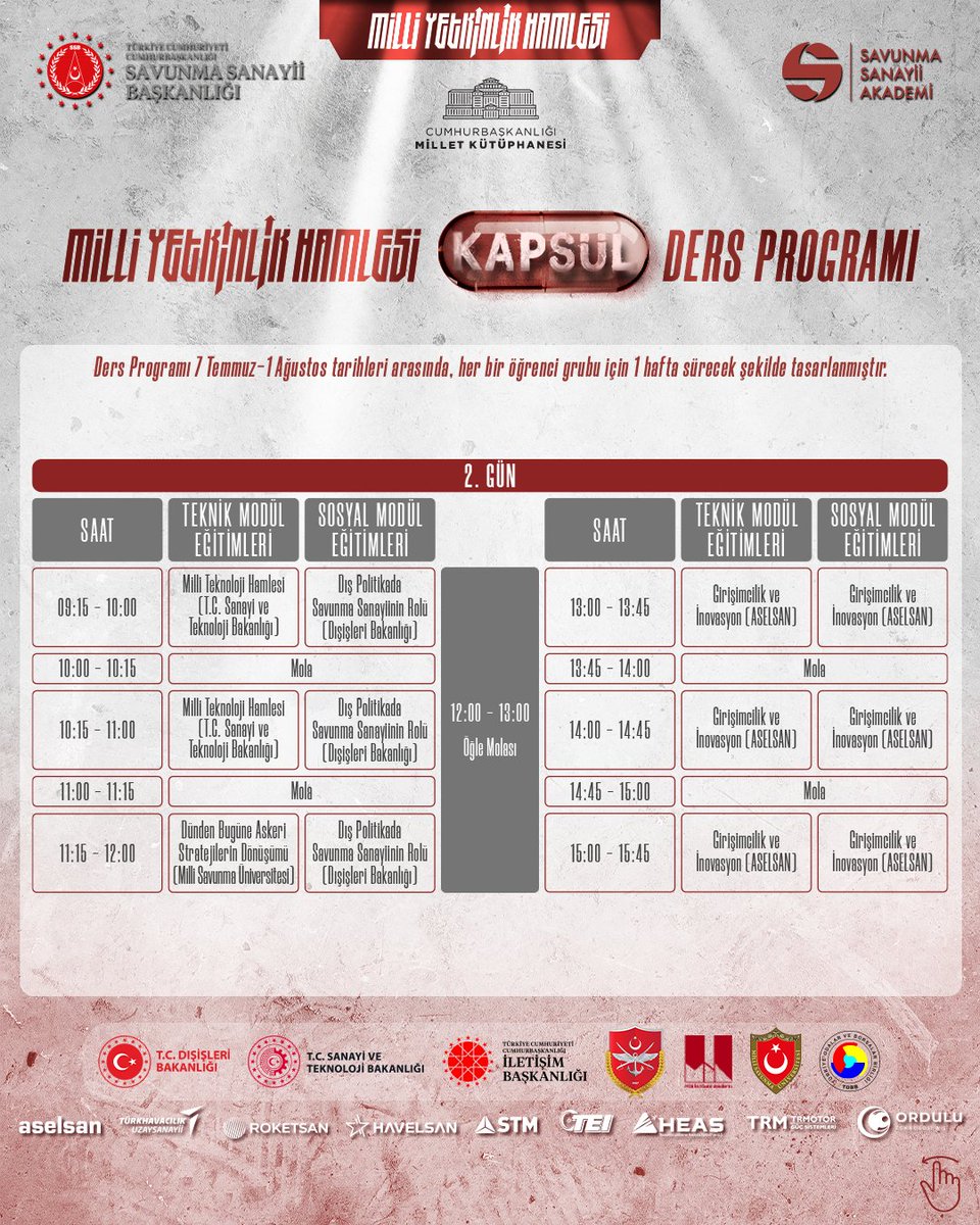 Savunma Sanayii Akademi (@savunmaakademi) on Twitter photo Üniversite öğrencilerinin dikkatine ❗️
📢 Milli Yetkinlik Hamlesi Kapsül başvuruları başladı!
📍 Ankara, <a href="/cb_kutuphane/">Cumhurbaşkanlığı Millet Kütüphanesi</a> 'sinde gerçekleşecek bu özel yaz okulu eğitim programı, kendini geliştirmek isteyen gençler için eşsiz bir fırsat.
🚀 Teknik ve sosyal becerilerini Üniversite öğrencilerinin dikkatine ❗️
📢 Milli Yetkinlik Hamlesi Kapsül başvuruları başladı!
📍 Ankara, <a href="/cb_kutuphane/">Cumhurbaşkanlığı Millet Kütüphanesi</a> 'sinde gerçekleşecek bu özel yaz okulu eğitim programı, kendini geliştirmek isteyen gençler için eşsiz bir fırsat.
🚀 Teknik ve sosyal becerilerini
