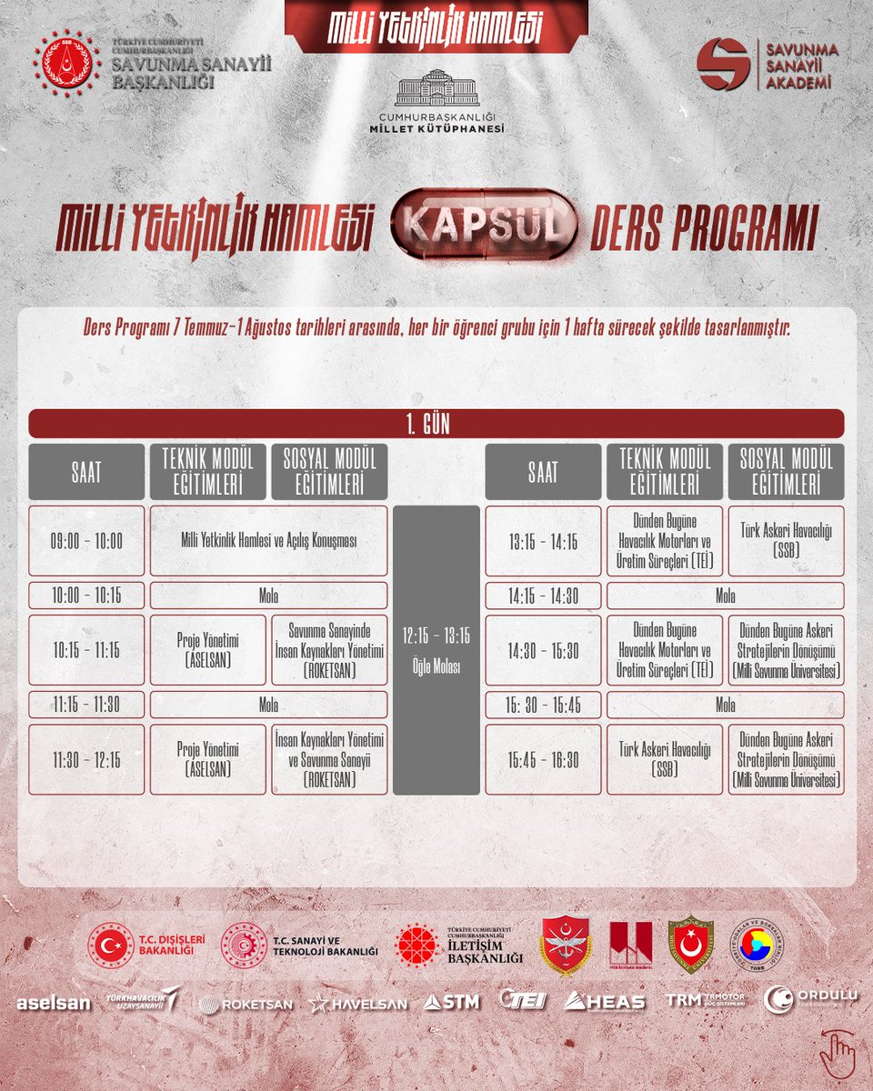 SavunmaAkademi's tweet photo. Üniversite öğrencilerinin dikkatine ❗️

📢 Milli Yetkinlik Hamlesi Kapsül başvuruları başladı!  

📍 Ankara, @cb_kutuphane 'sinde gerçekleşecek bu özel yaz okulu eğitim programı, kendini geliştirmek isteyen gençler için eşsiz bir fırsat.  

🚀  Teknik ve sosyal becerilerini geliştirmek, sektörün önde gelen isimleriyle tanışmak ve çok yönlü bir deneyim yaşamak istiyorsan sen de bu yolculuğun bir parçası ol!  

🔗 Ayrıntılı bilgi ve başvuru için:  https://t.co/8ig9sJz8el

#MilliYetkinlikHamlesi #Kapsül #YazOkulu

@SavunmaSanayii
@cb_kutuphane
@TC_Disisleri
@TCSanayi
@iletisim
@tsk_gv
@miaedutr 
@TOBBiletisim
@aselsan
@TUSAS_TR
@roketsan
@havelsan
@STMDefence
@TEI_TUSAS
@heasresmi
@TRMOTOR
@OrduluTech