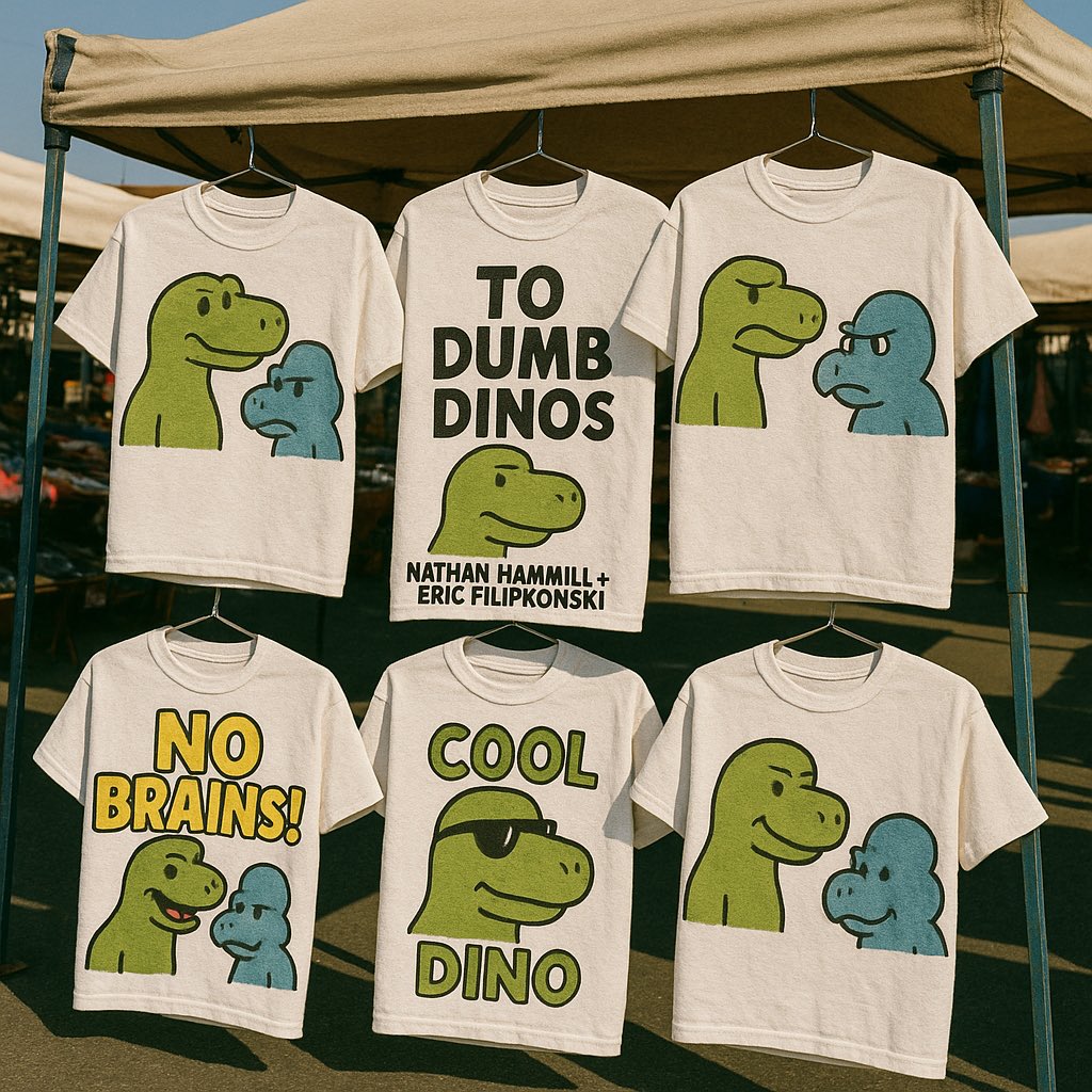 AI sucks. I can’t even create a decent bootleg of <a href="/2dumbdinos/">2 Dumb Dinos - Book out now!!!</a> with Chat GPT. How am I supposed to profit off <a href="/NathanHamill/">Nathan Hamill</a> &amp; <a href="/EricFilipkowski/">Beloved author, ericfilipkowski.bsky.social</a>’s ideas in Norway? The art and jokes blow. 
So much for my bootleg t-shirt stand.