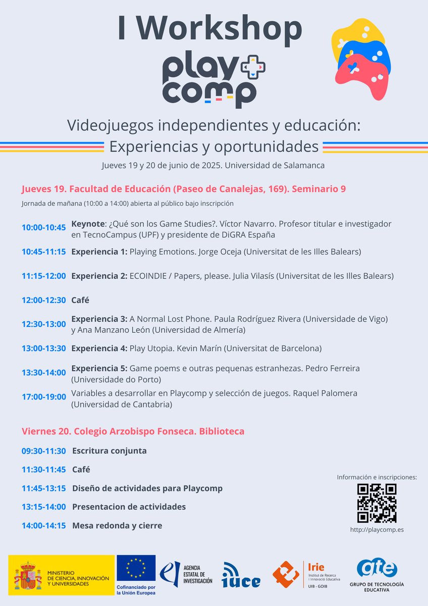 Esta semana se celebra en Salamanca el primer Workshop de PLAYCOMP, un Proyecto de Investigación financiado por la AEI que explora el potencial de los videojuegos independientes en la educación. Más información e inscripciones: playcomp.es