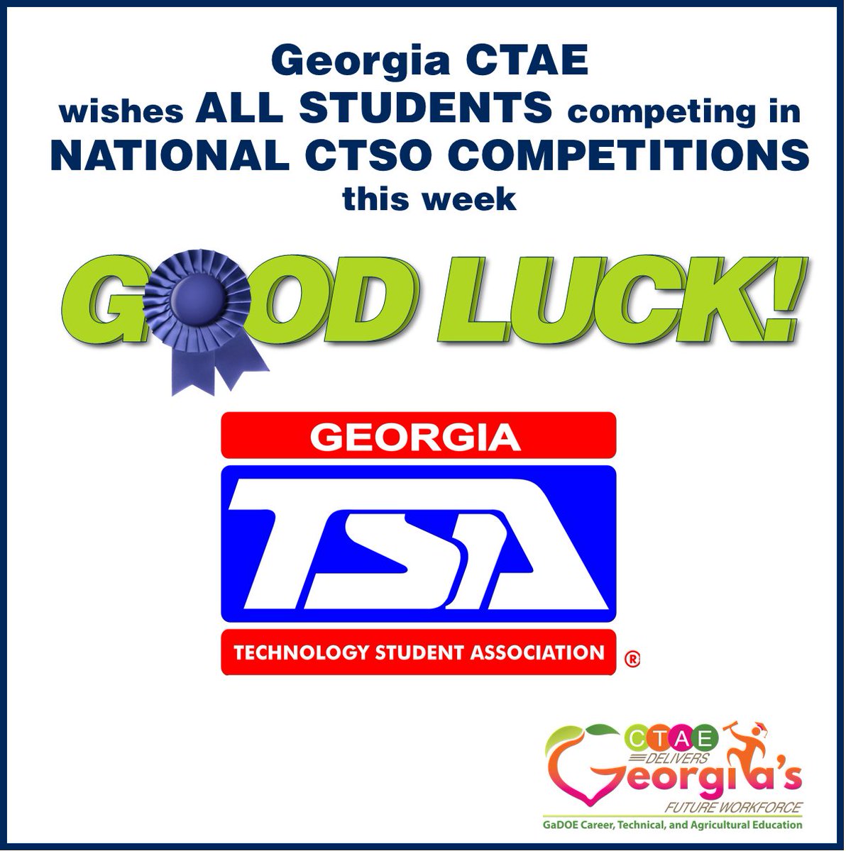 📣 Georgia CTAE is cheering on all our incredible students competing in NATIONAL CTSO COMPETITIONS this week! 💪🌟
A special shoutout to Georgia TSA – go show the nation what you're made of! 🏅
GOOD LUCK! 💙💚 #CTAEDelivers #CTSOproud #StudentSuccess #FutureWorkforce