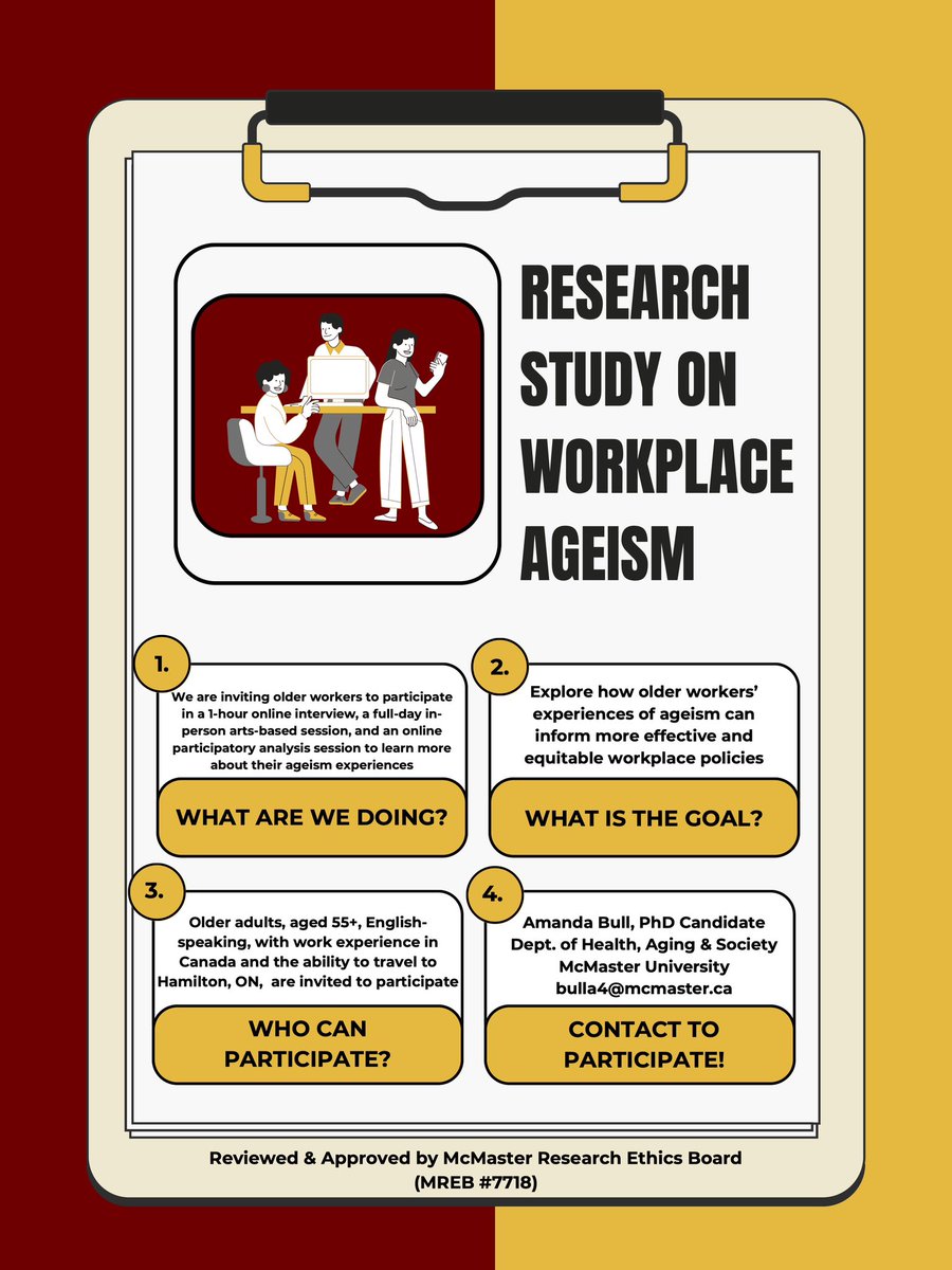 🚨Attention all Canadian workers, aged 55+🚨

I am currently recruiting for my PhD research! If you, or someone you know, is 55 or older, currently employed or actively looking for work in Canada - I invite you to help shape age-inclusive workplace via participation in my study!