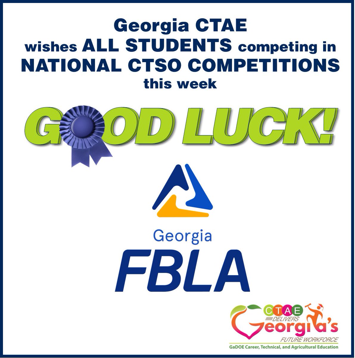 📣 Georgia CTAE is cheering on all our incredible students competing in NATIONAL CTSO COMPETITIONS this week! 💪🌟
A special shoutout to Georgia FBLA – go show the nation what you're made of! 🏅
GOOD LUCK! 💙💚 #CTAEDelivers #CTSOproud #StudentSuccess #FutureWorkforce