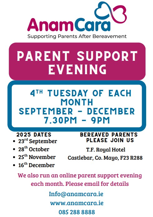WestBeWell1's tweet image. The last @AnamCaraSupport meeting for bereaved parents in Co Mayo before the summer break will take place on Tuesday, June 24 at 7.30pm
These peer group meetings offer a space of compassion and understanding for those grieving their child - at any stage: westbewell.ie/2025/06/17/ana…