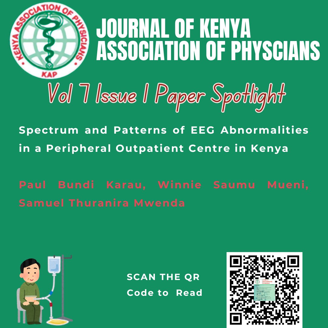 Journal of the Kenya Association of Physicians (@jokap_ke) on Twitter photo Vol 7 No 1 PAPER HIGHLIGHT: EEG Patterns in Kenyan Outpatients (n=445)
đź§ 68.3% abnormal EEG
⚡ 42.7% generalized seizures
đźš« 31.2% normal despite symptoms
👥 Teens : 40.4% of referrals
EEG aids—but doesn’t replace—clinical judgment.
🔗 kapjournal.com/index.php/kap/… #JOKAP #EEG #MedX Vol 7 No 1 PAPER HIGHLIGHT: EEG Patterns in Kenyan Outpatients (n=445)
đź§ 68.3% abnormal EEG
⚡ 42.7% generalized seizures
đźš« 31.2% normal despite symptoms
👥 Teens : 40.4% of referrals
EEG aids—but doesn’t replace—clinical judgment.
🔗 kapjournal.com/index.php/kap/… #JOKAP #EEG #MedX