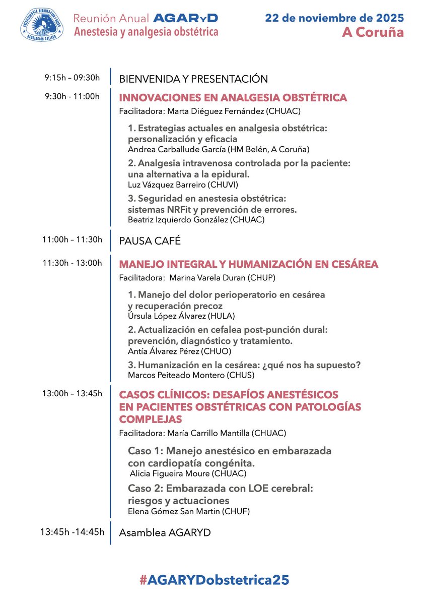 AGARyDGalicia's tweet image. ❄️ Reunión Anual de Invierno AGARYD 2025
sobre A. Obstétrica
💡 Actualización científica rigurosa
🗣️ Discusión clínica.
🤝 Para todos los anestesiólogos
🗓️ 22/11/25
📍 Salón de actos, MUNCyT
🔗 Más info: agaryd.com/reunion-anual
#AGARYDobstetrica25 #AGARYD2025 #AnestesiaObstétrica