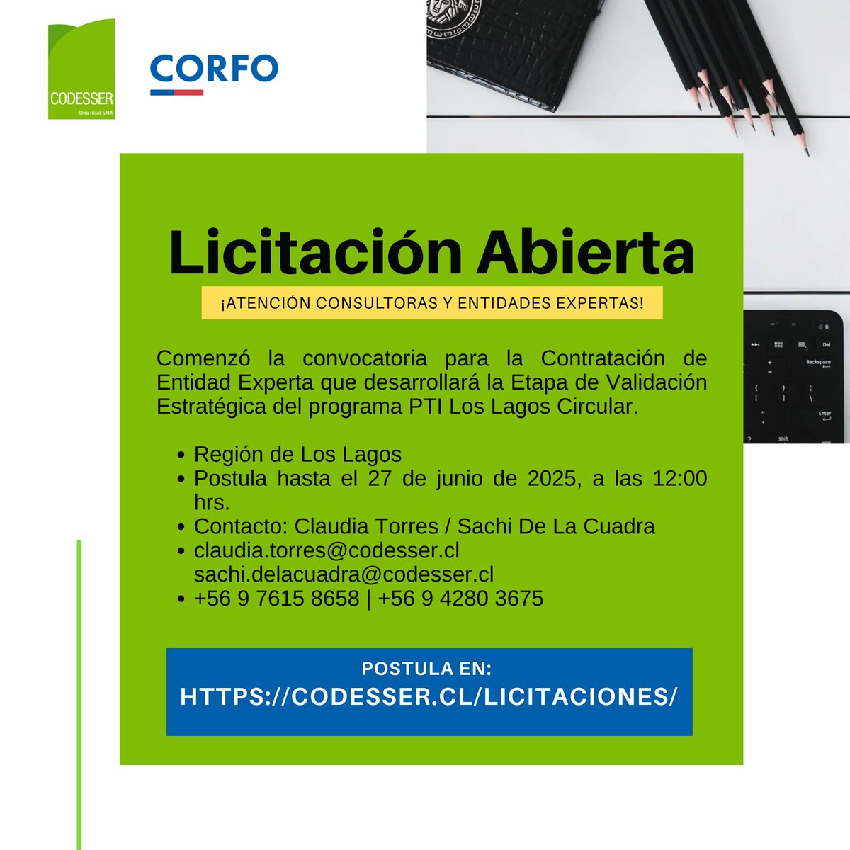 CodesserC's tweet image. #CodesserInforma
Ya está abierta la convocatoria para la Contratación de Entidad Experta que desarrollará la Etapa de Validación Estratégica del programa PTI Los Lagos Circular.

¡Súmate al desafío de impulsar la economía circular en nuestro territorio!