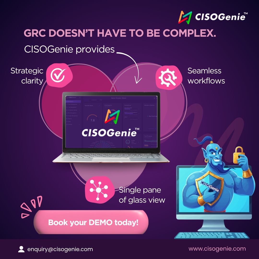 cisogenie_grc's tweet image. 🚀 GRC Doesn’t Have to Be Complex – Meet CISOGenie! 

Simplify your Governance, Risk, and Compliance (GRC) processes with CISOGenie – your trusted digital partner!

🌐 cisogenie.com

#CISOGenie #GRCsimplified #CyberSecurityMadeEasy #ComplianceSolutions #InfoSecTools
