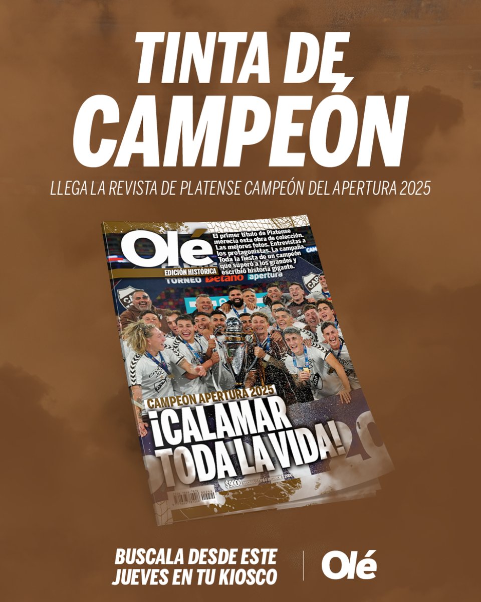 🗞️🦑 ¡𝐄𝐒𝐓𝐄 𝐉𝐔𝐄𝐕𝐄𝐒 𝐋𝐋𝐄𝐆𝐀 𝐋𝐀 𝐑𝐄𝐕𝐈𝐒𝐓𝐀 𝐃𝐄 𝐏𝐋𝐀𝐓𝐄𝐍𝐒𝐄 𝐂𝐀𝐌𝐏𝐄𝐎́𝐍! 🏆🙌

✍️📸 Obra de colección. Las mejores fotos, entrevistas a los protagonistas, la campaña y toda la fiesta de un campeón histórico. 

Si sos hincha del Calamar, estate atento y