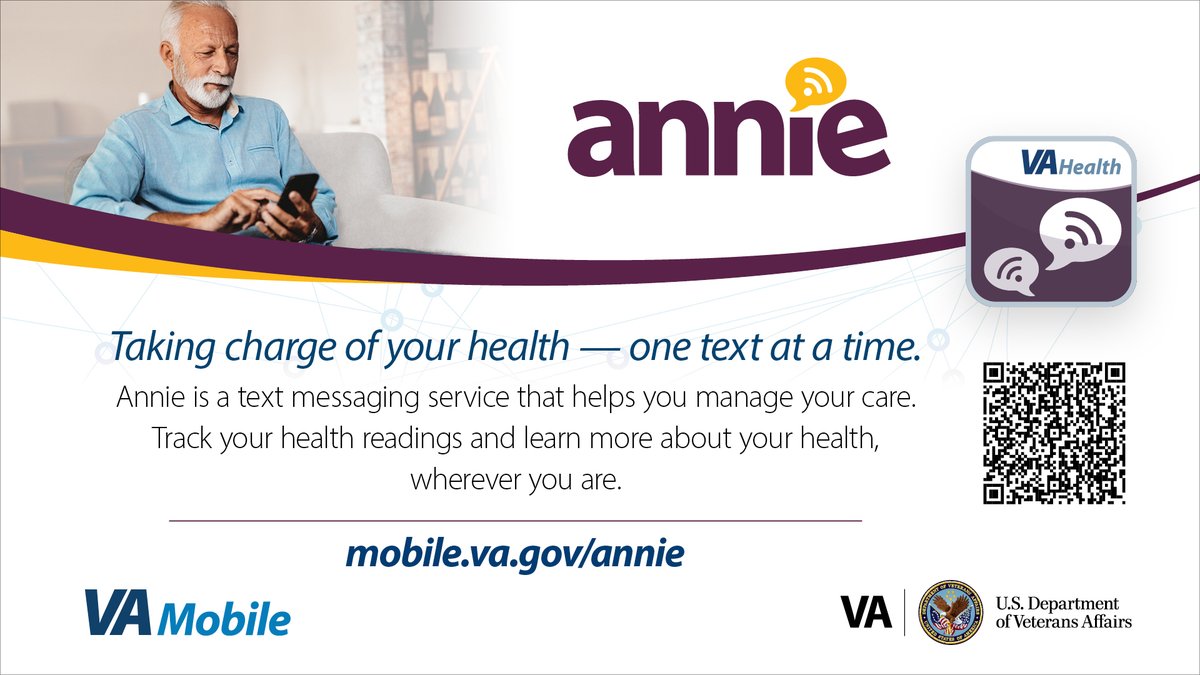 Take Charge of Your Health, One Text at a Time 📲 Meet Annie, your VA text service for self-care reminders and stress tips! Stay healthy! 🔗 Learn more: mobile.va.gov/app/annie-vete… #VANews #VeteransHealth #AnnieApp #VeteranCare #SelfCareSupport