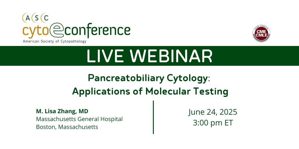 Register for the June Cyto-econference,  Pancreatobiliary Cytology: Applications of Molecular Testing  
Live Cyto-econference webinars connect you to the presentation in real time. 
buff.ly/2Gb38Fd
#cyto #cytopath