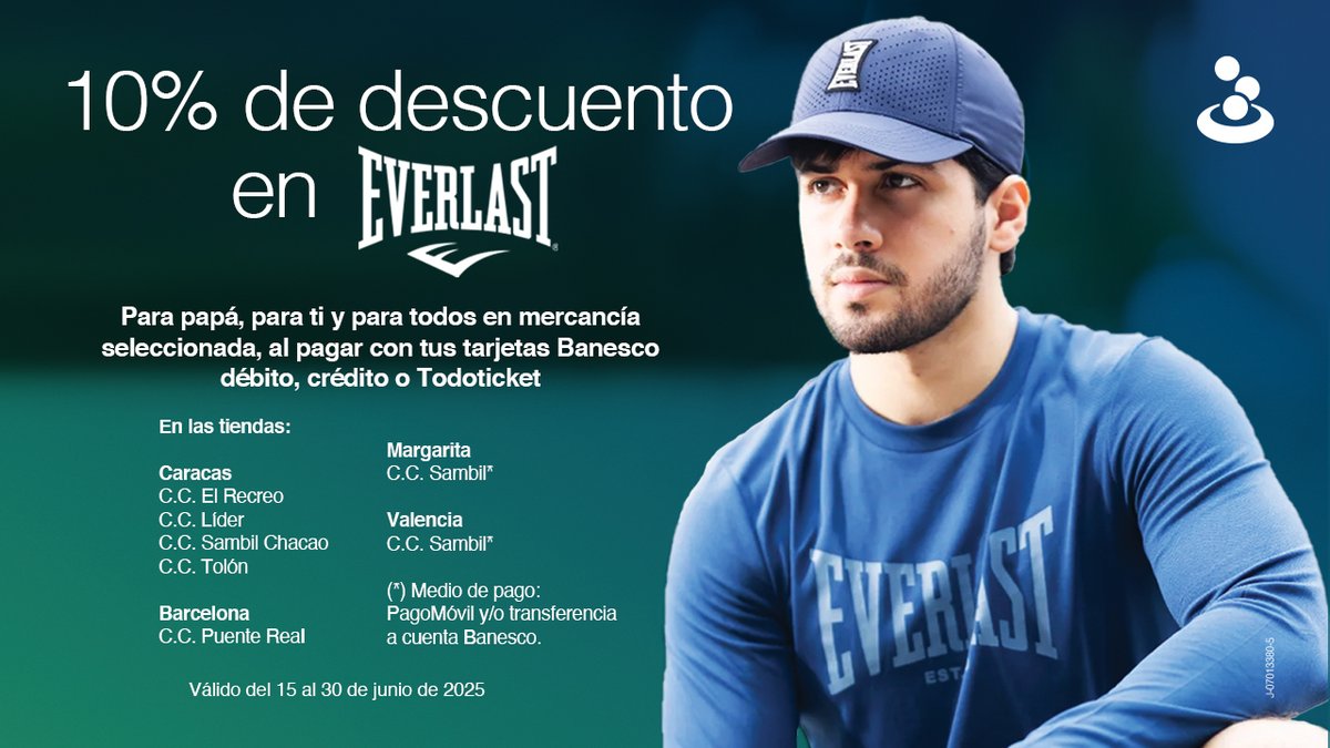 Banesco y <a href="/EverlastVzla/">EverlastVzla</a> se unen para darte un 10% de descuento. 🤩 

Paga con tus tarjetas Banesco (Débito y Crédito) 💳 o <a href="/Todoticketvzla/">Todoticket Venezuela</a> y equípate con los mejores artículos deportivos #Everlast

📌Válido del 15 al 30 de junio de 2025.

#BanescoContigo #AlianzasBanesco