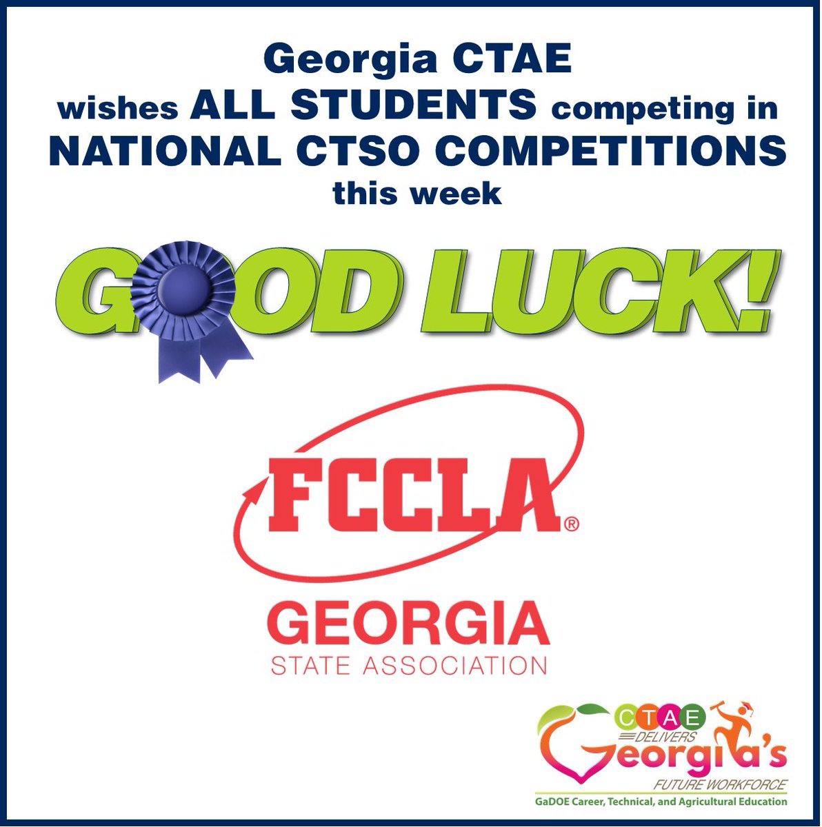 📣 Georgia CTAE is cheering on all our incredible students competing in NATIONAL CTSO COMPETITIONS this week! 💪🌟
A special shoutout to Georgia FCCLA – go show the nation what you're made of! 🏅
GOOD LUCK! 💙💚 #CTAEDelivers #CTSOproud #StudentSuccess #FutureWorkforce