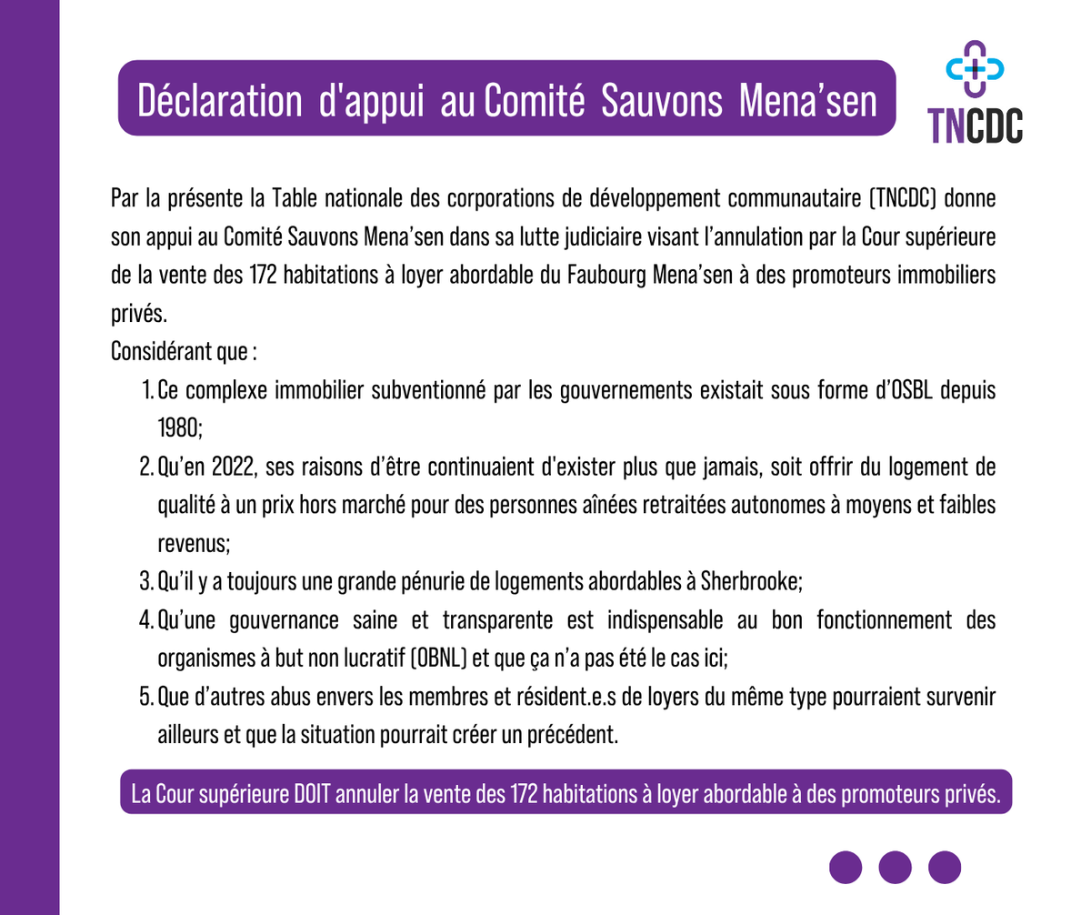 𝐃é𝐜𝐥𝐚𝐫𝐚𝐭𝐢𝐨𝐧 𝐝'𝐚𝐩𝐩𝐮𝐢 𝐚𝐮 𝐂𝐨𝐦𝐢𝐭é 𝐒𝐚𝐮𝐯𝐨𝐧𝐬 𝐌𝐞𝐧𝐚’𝐬𝐞𝐧
Par la présente la Table nationale des corporations de développement communautaire (TNCDC) donne son appui au comité Sauvons Mena'sen dans sa lutte judiciaire visant l’annulation par la Cour