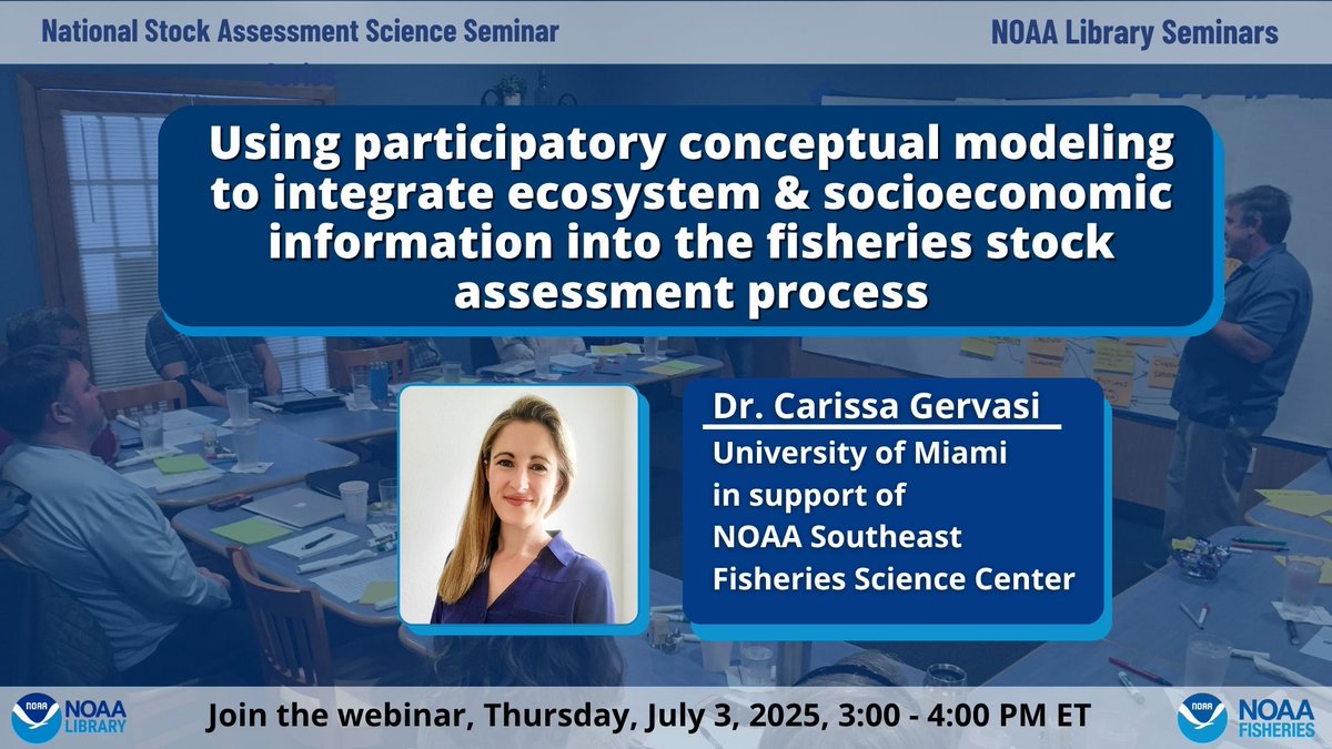 NOAALibrary's tweet image. Join us tomorrow, July 3rd at 3pm ET for our next National Stock Assessment Science Seminar on Using participatory conceptual modeling to integrate ecosystem & socioeconomic information into the fisheries stock assessment process.
Register: vimeo.com/event/5137298