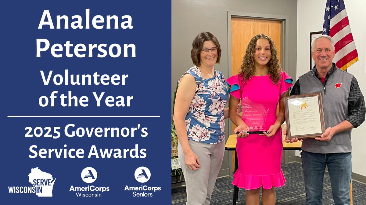 ServeWisconsin's tweet image. Congratulations to Analena Peterson, one of three Volunteer of the Year honorees at 2025 Governor’s Service Awards!
Analena has collected & donated over 25,000 books to local nonprofits, sorting them by reading level & content to ensure accessibility
servewisconsin.wi.gov/s/Analena-Pete…