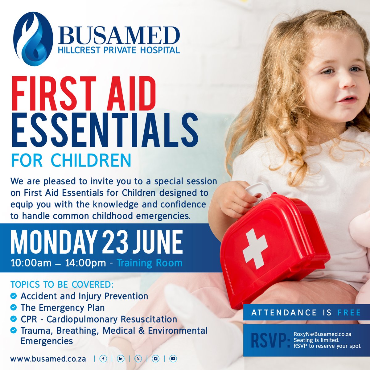 Accidents happen. Be prepared. Join us for a warm, informative session on First Aid for Children, from CPR to trauma care. Free to attend - Monday, 23 June. #Busamed