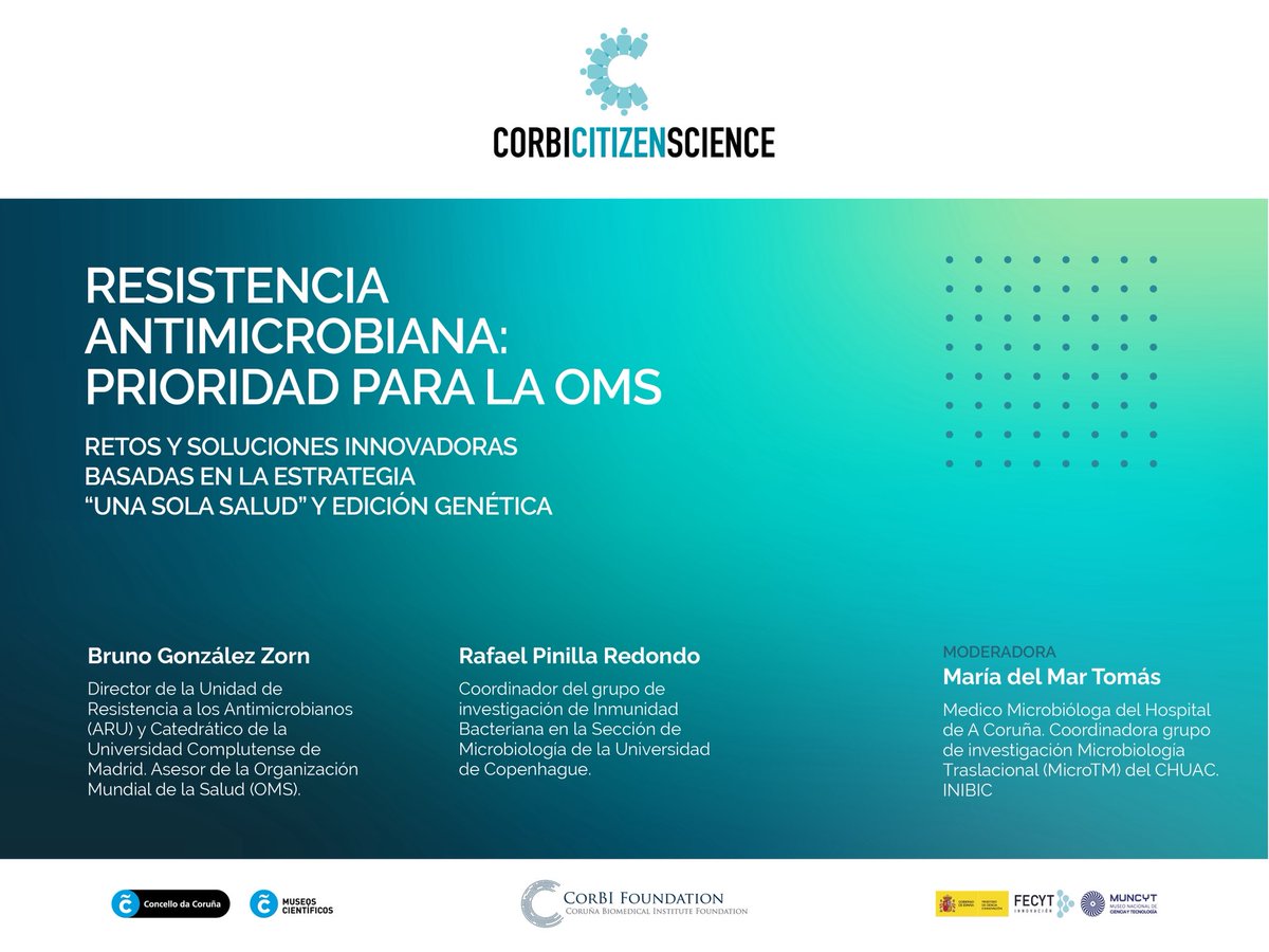 María Tomas (María del Mar Tomas) (@mariadelmartom) on Twitter photo #CharlaCORBI Resistencias Antimicrobianas #RAM y soluciones como #CRISPR #Fagoterapia
📆 26 Junio 19:30h
📍Museo Domus, A Coruña
<a href="/_bgzorn_/">Bruno Gonzalez Zorn</a> <a href="/rafapinilla92/">Rafa Pinilla-Redondo</a>
Os esperamos!! #CharlaCORBI Resistencias Antimicrobianas #RAM y soluciones como #CRISPR #Fagoterapia
📆 26 Junio 19:30h
📍Museo Domus, A Coruña
<a href="/_bgzorn_/">Bruno Gonzalez Zorn</a> <a href="/rafapinilla92/">Rafa Pinilla-Redondo</a>
Os esperamos!!