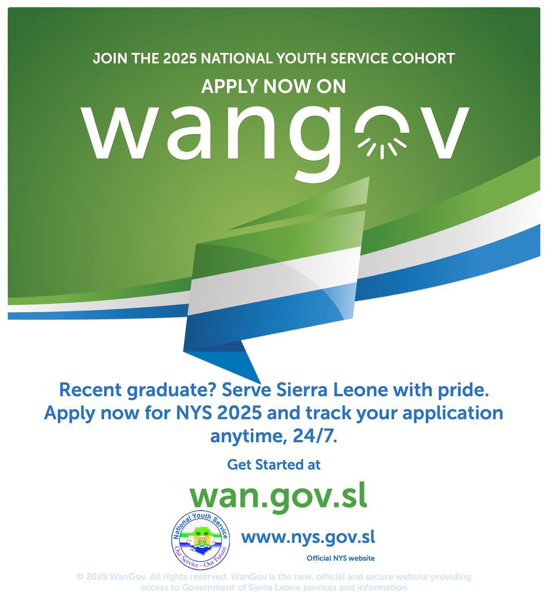 The queue is over. The wait is done.
Get your driver’s license, apply for your NYS 2025, order an EDSA meter, or register your business, all online.
Pay with Visa or Mastercard
👉🏽 citizens.wan.gov.sl