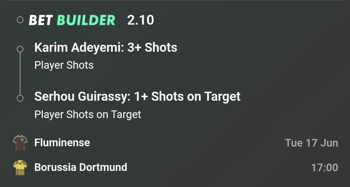 fgfreebets's tweet photo. 🌍 Club World Cup – Play of the Day
Backed by stats, built to land 💥

🎯 Bet Builder (2.10 odds):
🔫 Adeyemi 3+ shots
🎯 Guirassy 1+ shot on target
⚡ Simple. Sharp. Profitable.
Want more winners like this? 👇
📲 https://t.co/k5Si3ovlBX

#ClubWorldCup #BetBuilder #FootballTips #PlayOfTheDay #ShotsOnTarget #FGFreeTips #Dortmund #Adeyemi #Guirassy #BettingTips