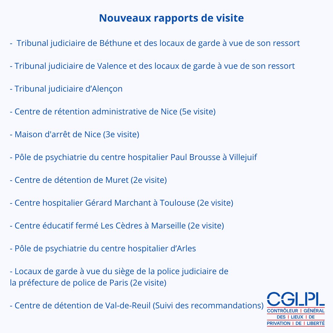 Publication de nouveaux rapports de visite d'établissements sur le site internet du CGLPL ➡ cglpl.fr/publications/p…