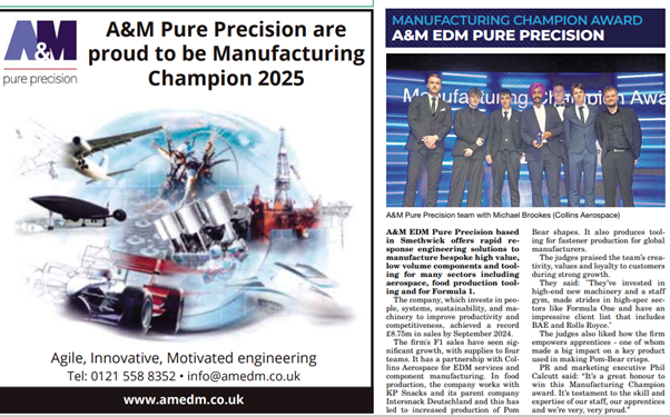 AandMEDM's tweet photo. Feature on A&M's Manufacturing Champion award in @ExpressandStar supplement.
#ESBA25 #precisionengineering #ukmfg https://t.co/8vwsPrFmAM