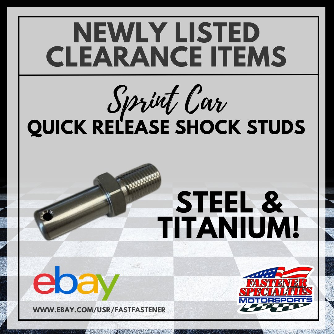 We have listed our inventory of quick release shock studs, both in titanium and steel.  These are Astro brand , all made in the USA!

BONUS:  Any orders placed by the end of June, we will include a free spacer and rue clip with each stud purchased!

ebay.com/str/fastenersp…