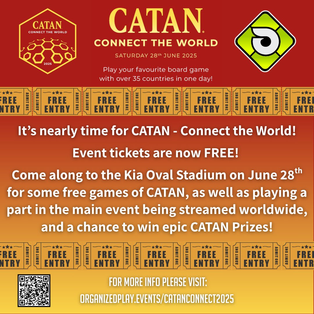 🎲 CATAN – Connect the World is Almost Here! 🌍
📍 Kia Oval Stadium | June 28th
🎟️ TICKETS ARE NOW FREE!

That’s right — entry to this epic CATAN event is now completely free! Come join us for a full day of fun, strategy, and community.
🕙 Doors open at 10AM – swing by early to