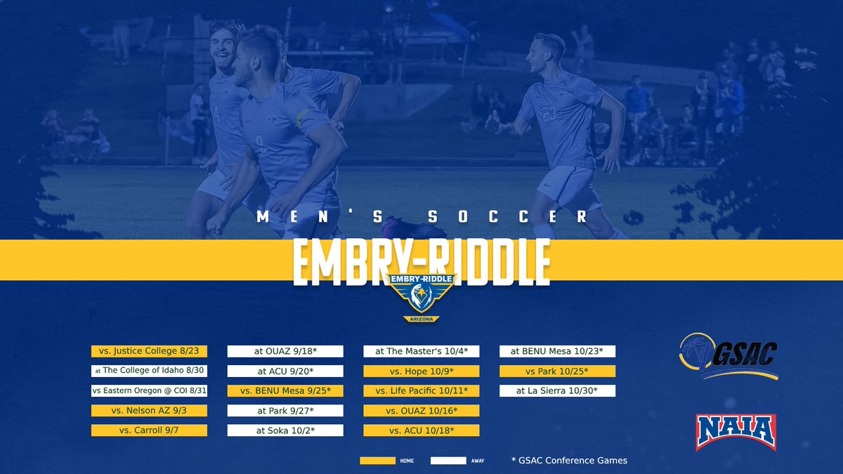 Here's your first look at the @erauazmsoc 2025 schedule!  

The team will open at home against Justice College on August 23rd.

Visit eraueagles.com to stay up to date with the team.

#goERAU