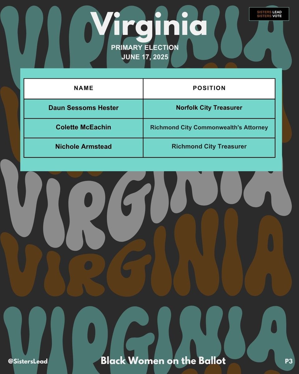 Virginia, it's your turn to shine! The polls are open, and Black women are running for office. 

🗳️ Cast your vote and back these inspiring leaders who are paving the way for a brighter future. #SistersLead