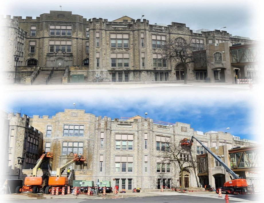 The castle is getting a cleaning! Exciting progress is underway at Joliet Central! As part of the new addition at Central Campus, we’ve also begun restoring the historic masonry on the original building. Phase one kicked off over Spring Break with exterior masonry cleaning—check