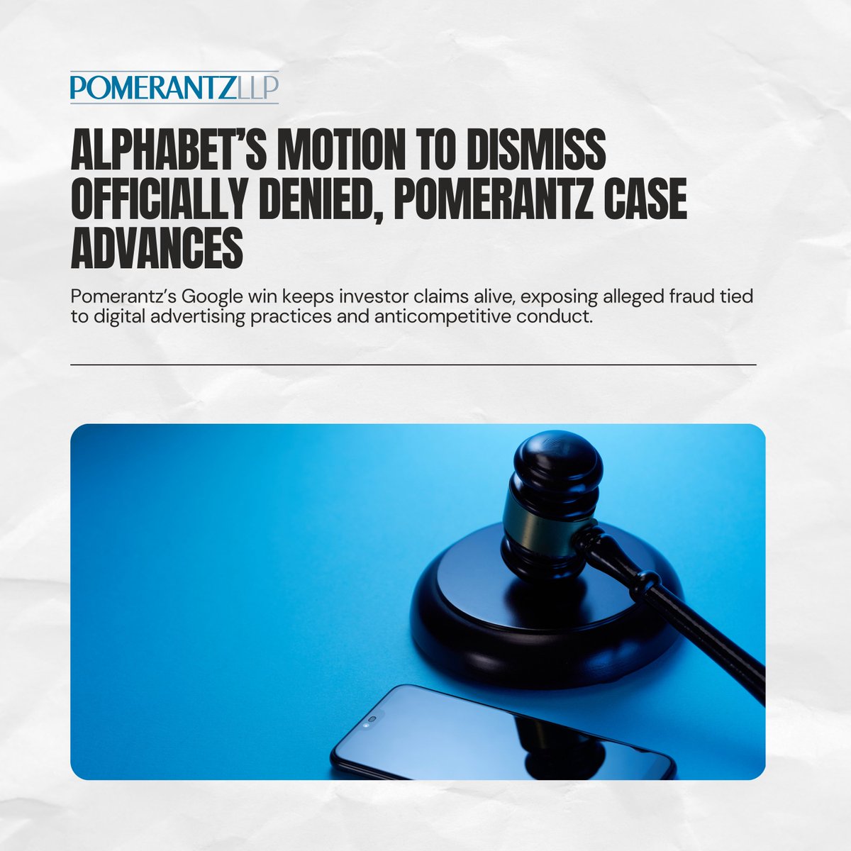 PomerantzLLP's tweet image. In the latest Pomerantz Monitor: Court denies Google’s motion to dismiss in our securities class action over alleged misstatements about its ad tech practices, including preferential treatment of its own exchange.

Read more: bit.ly/3FFHScR

#PomerantzMonitor