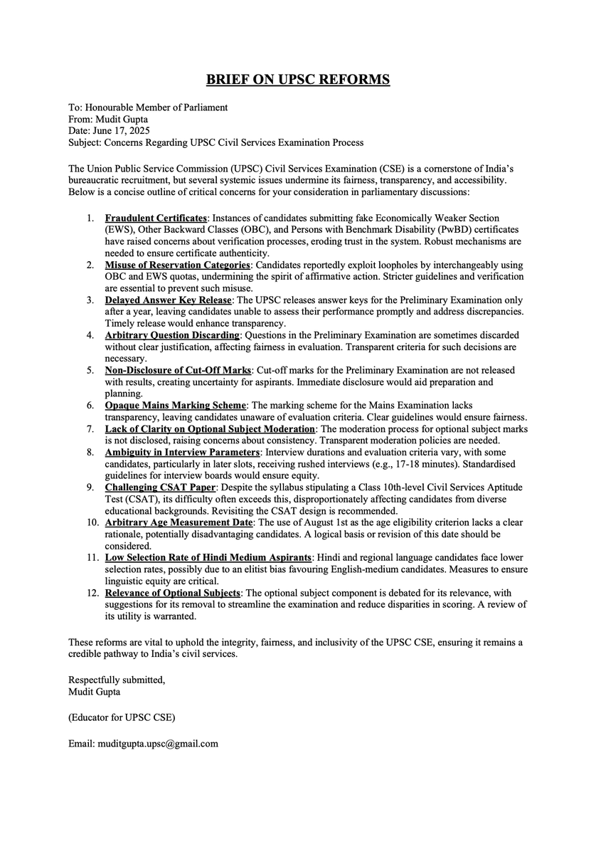 Pradeepgur7884's tweet photo. @mudit_gupta25 ๐จ Demand for #UPSCReforms ๐จ
Systemic issues are hurting lakhs of aspirants every year!
๐ Fraud in certificates
๐ Quota misuse
๐ Delayed answer keys
๐ No cut-off transparency
๐ CSAT difficulty
๐ Hindi-medium bias
...and more!
#ReformUPSC #CSATReform #UPSCTransparency https://t.co/nJsTQWXniN