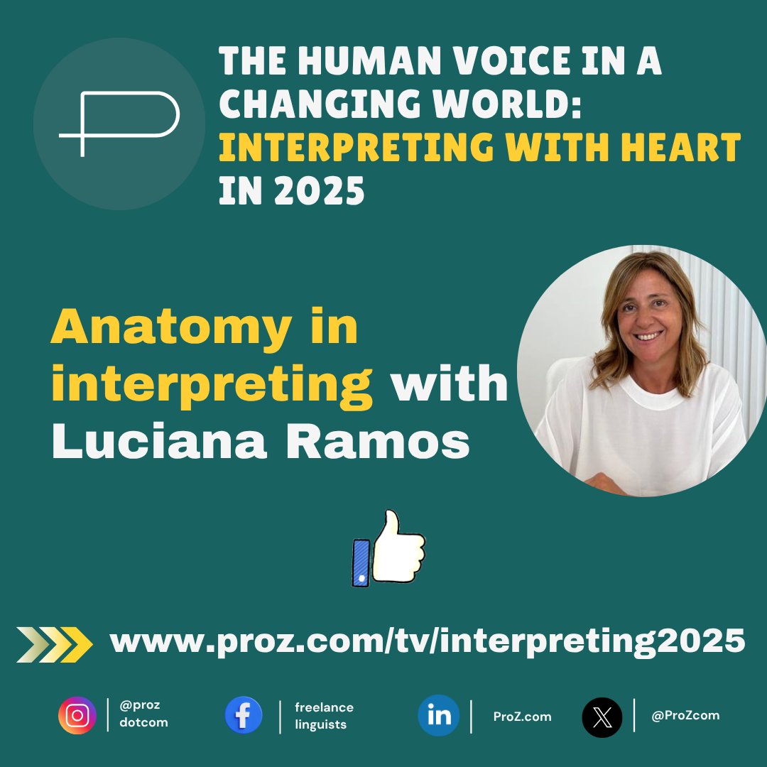 🩺 Happening now! Join Luciana Ramos for Anatomical Positions and Directions in Medical Terminology: A Beginner’s Guide for Interpreters.

🔗hubs.la/Q03srr1Z0

#proz #xl8 #t9n #1nt #proztv #free #interpreting #freelance