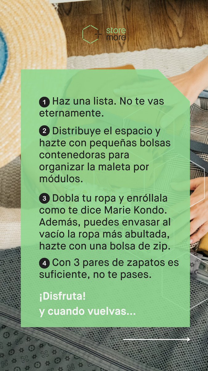 StoremoreES's tweet image. ¿Listo para tu próxima escapada? ✈️
Te dejamos unos tips para hacer la maleta perfecta (y volver sin caos):

Disfruta, viaja ligero y a la vuelta… ¡espacio libre y todo listo para tu próxima aventura!
#MaletaPerfecta #TipsStoremore #MásEspacio