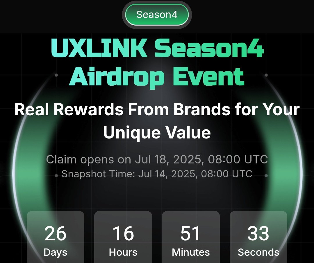 <a href="/UXLINKofficial/">UXLINK</a> Airdrop Season 4 Snapshot Time Jul 14 Airdrop Claim Open Jul 18

Event Link: 
dapp.uxlink.io/season4?invite…
Login Your Account
Bind Twitter 
Complete Simple 3 Task
DONE 

Simple Way to Earn Just Post About Uxlink &amp; Earn Tweet popularity