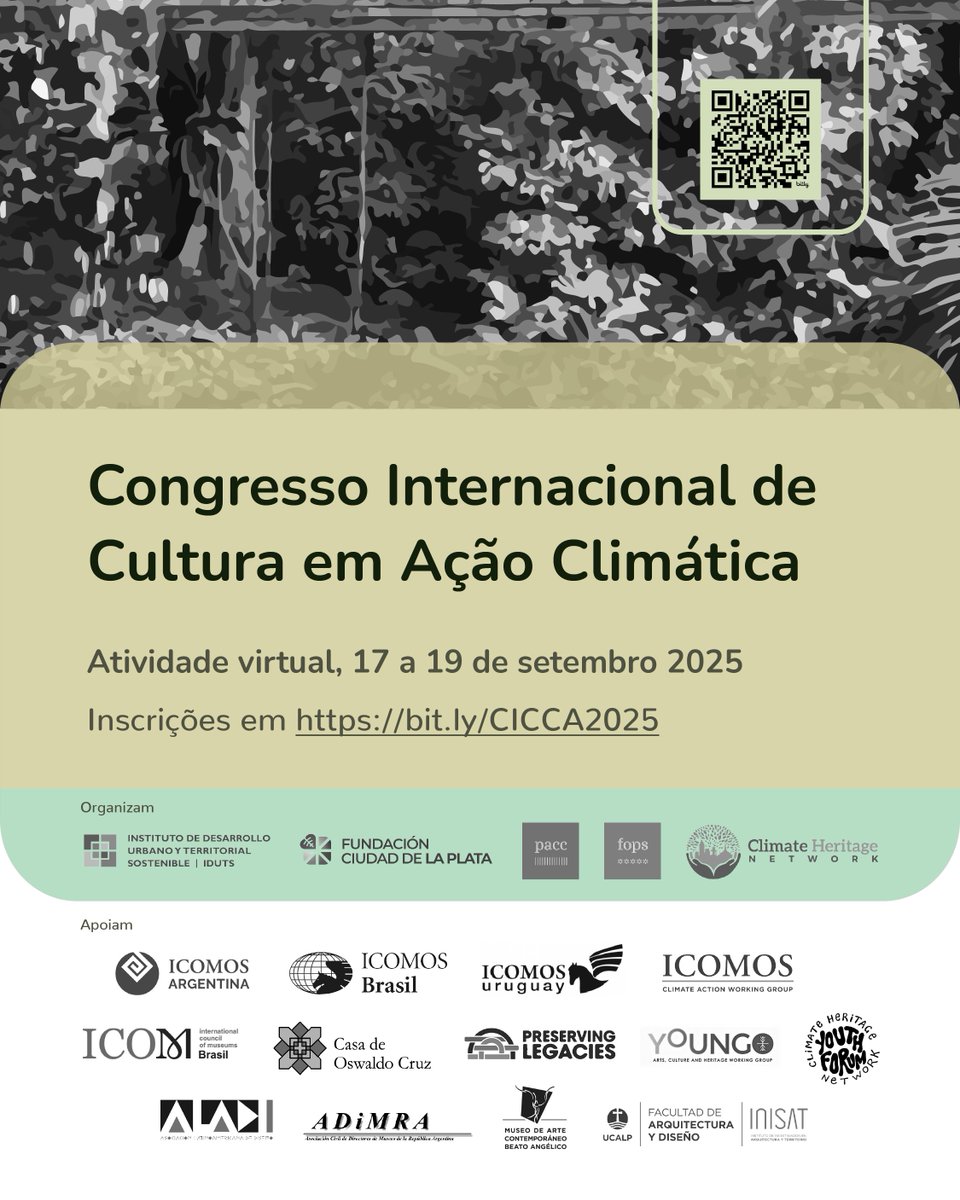 Iniciativa Patrimonio y Cambio Climático (@pacc_fops) on Twitter photo Congresso Internacional de Cultura em Ação Climática
Atividade virtual, 17 a 19 de setembro de 2025
Envio de resumos em espanhol, português e inglês até 30 de junho.
Mais informações em bit.ly/CICCA2025
#CICCA2025 #CongressoInternacional #Cultura #AçãoClimática Congresso Internacional de Cultura em Ação Climática
Atividade virtual, 17 a 19 de setembro de 2025
Envio de resumos em espanhol, português e inglês até 30 de junho.
Mais informações em bit.ly/CICCA2025
#CICCA2025 #CongressoInternacional #Cultura #AçãoClimática
