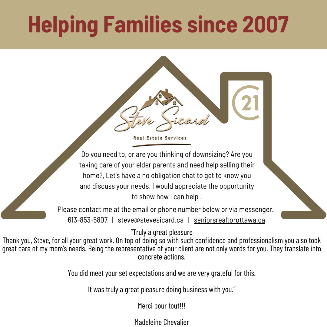 stevesicard's tweet photo. Thinking about downsizing or helping your parents sell their home? 🏡 Let's chat—no pressure, just honest advice tailored to your needs. I'd love the chance to help you navigate the next step! 💬 #downsizing #realestate #seniormoves #ottawarealestate #homeselling #familycare https://t.co/gbDCu5Cmwx