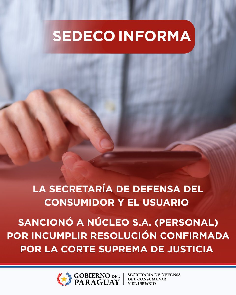 sedecopy's tweet photo. SEDECO impone multa de 1000 jornales (Gs. 107.627.000) a PERSONAL por incumplir una sanción confirmada por la Corte Suprema de Justicia.

La Secretaría de Defensa del Consumidor y el Usuario (SEDECO) sancionó a la empresa NÚCLEO S.A. (PERSONAL) con una nueva multa de 1000 https://t.co/h1oePR9r0Z