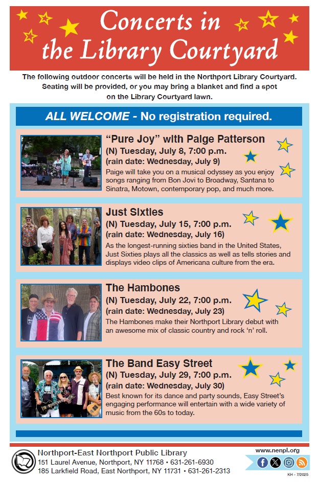 Join us at the Library this summer for our Outdoor Concert Series!

Get the list of performers, dates, and other details here: nenpl.org/events/upcomin…

#NENPL
#Northport #EastNorthport #EatonsNeck #Asharoken #FortSalonga #CowHarbor #HuntingtonNY