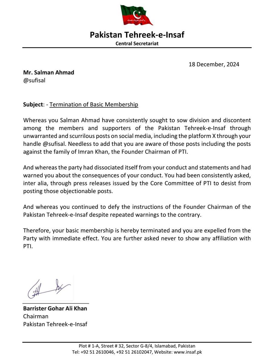 Mona Alam (@monaalamm) on Twitter photo Salman Ahmad is busy protesting against COAS in USA but hasn’t Salman Ahmad <a href="/sufisal/">Salman Ahmad</a> been expelled from PTI after his objectionable tweets against Bushra Bibi?
Expulsion letter of <a href="/PTIofficial/">PTI</a> is attached along with:
Pls clarify if he’s still in the party?
<a href="/SalmanAkRaja/">Salman Akram Raja</a> Salman Ahmad is busy protesting against COAS in USA but hasn’t Salman Ahmad <a href="/sufisal/">Salman Ahmad</a> been expelled from PTI after his objectionable tweets against Bushra Bibi?
Expulsion letter of <a href="/PTIofficial/">PTI</a> is attached along with:
Pls clarify if he’s still in the party?
<a href="/SalmanAkRaja/">Salman Akram Raja</a>