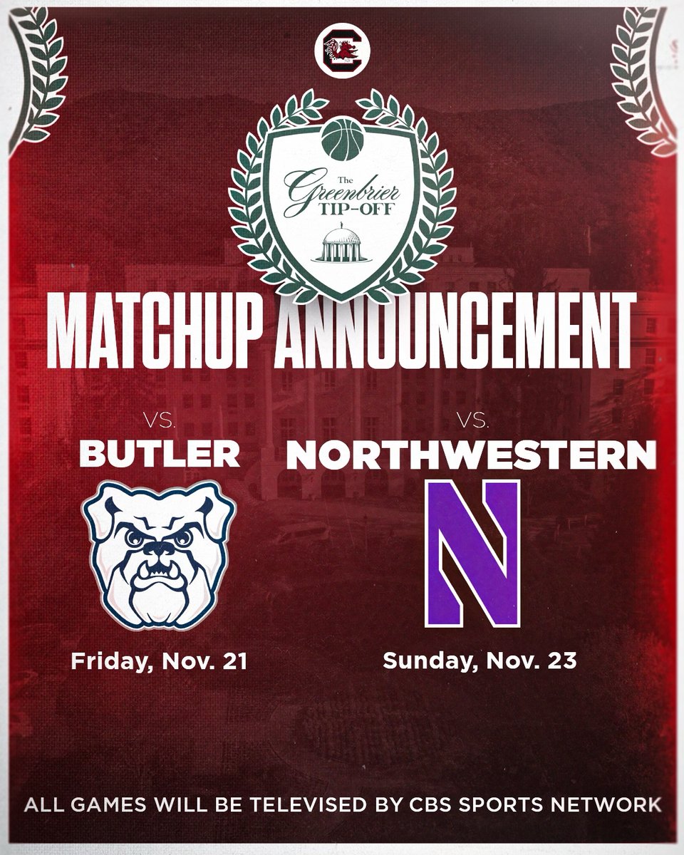Gamecock Men's Basketball (@gamecockmbb) on Twitter photo Matchups set - excited to head to <a href="/The_Greenbrier/">The Greenbrier</a> in November. 🤙
#Gamecocks🐔🏀 // #ForeverToThee Matchups set - excited to head to <a href="/The_Greenbrier/">The Greenbrier</a> in November. 🤙
#Gamecocks🐔🏀 // #ForeverToThee